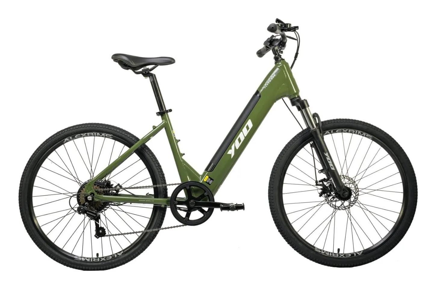 Bicicleta elétrica Yoo Fleek verde-oliva, aro 26, com quadro rebaixado