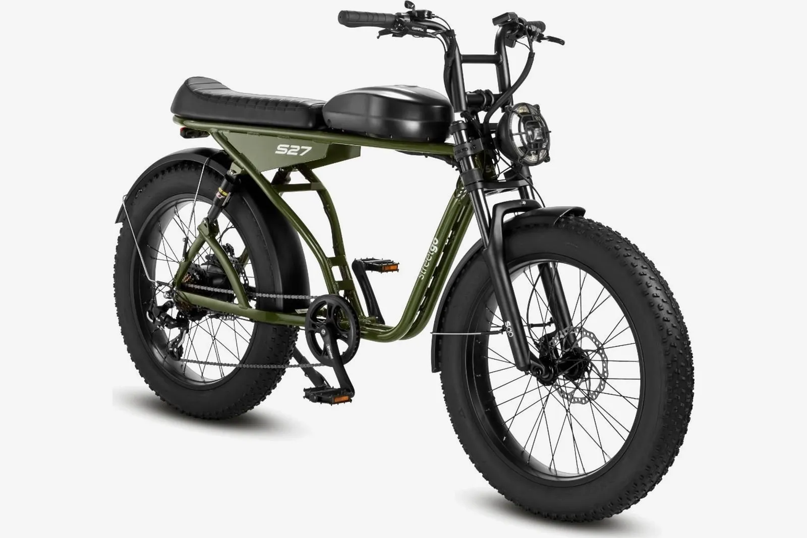 Bicicleta elétrica Oggi Street GO S27 verde-oliva, com banco largo e pneus largos